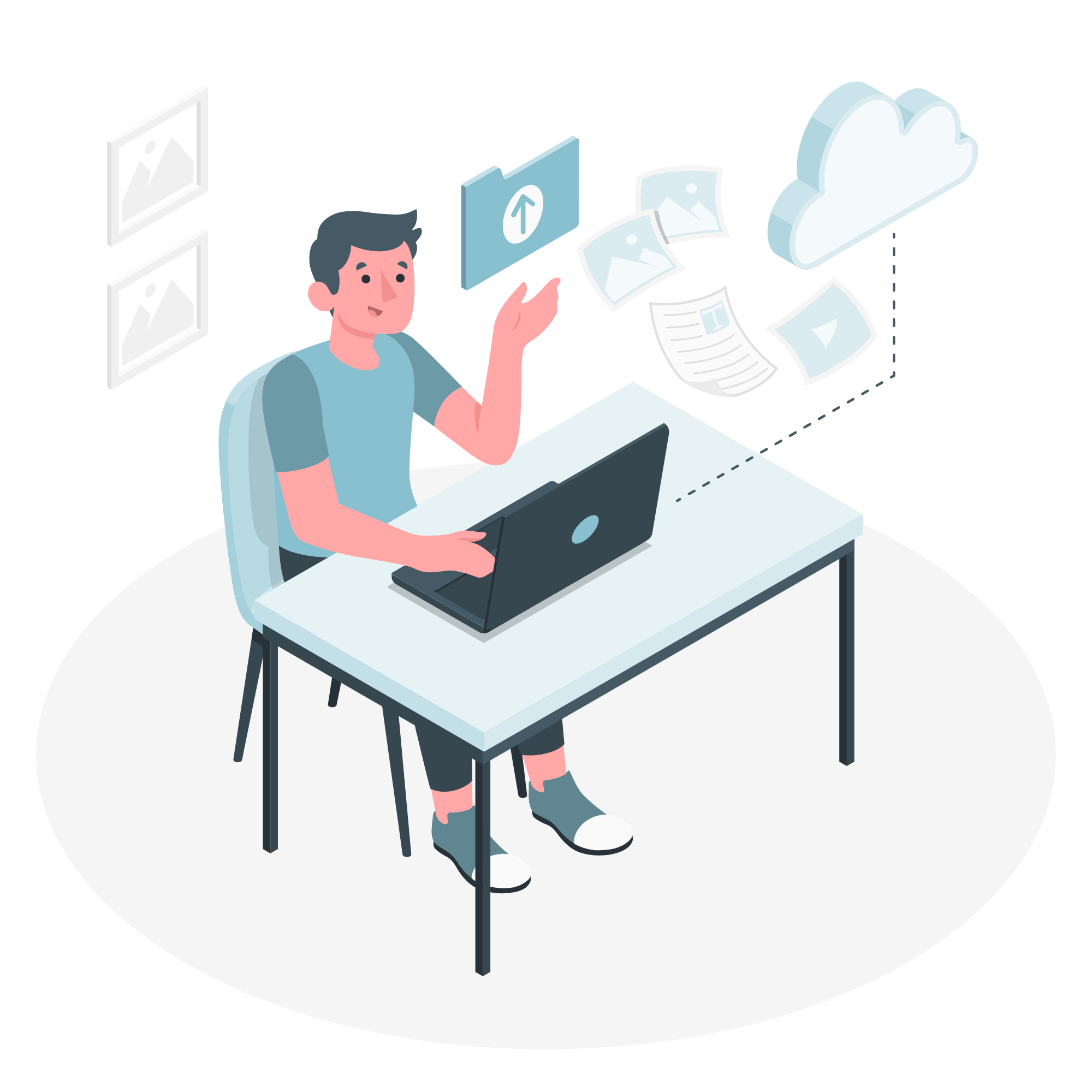 A person sitting at a desk with a laptop uploading their documents to the cloud.